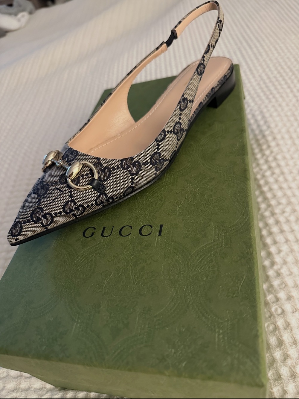 Gucci Navy/Beige GG Canvas Horsebit Slingback Flats - Picture 2 of 5